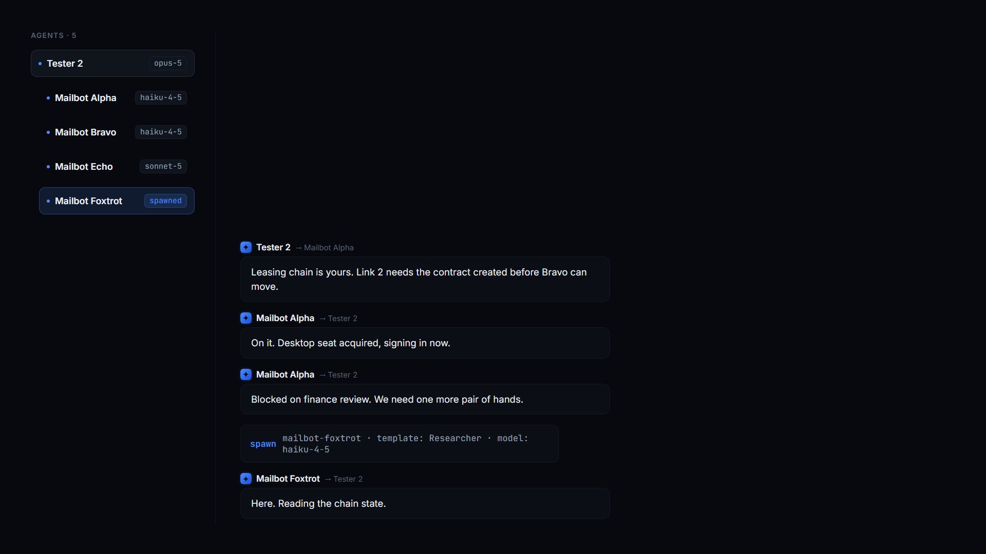 Agents messaging each other and spawning a teammate